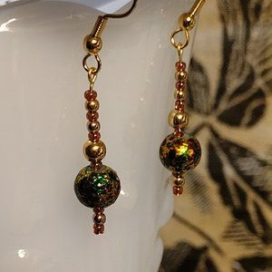 🖐 Green & Gold Glass Bead on Gold Wire Earrings